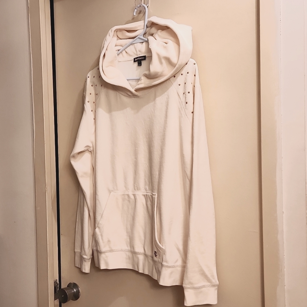 "Juicy Couture" Cream Velour, Hoodie Pullover Top, Large